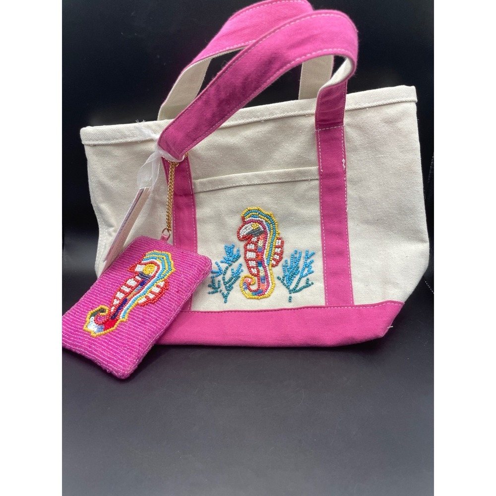Handcrafted Beaded Seahorse Canvas Tote Bag with Matching Coin Purse Pink Cream